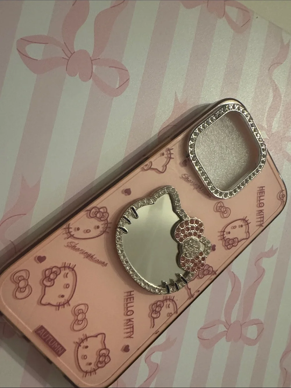 Hello Kitty Pink Rhinestone Mirror Phone Case with Jeweled Bow iPhone 15 Pro Max